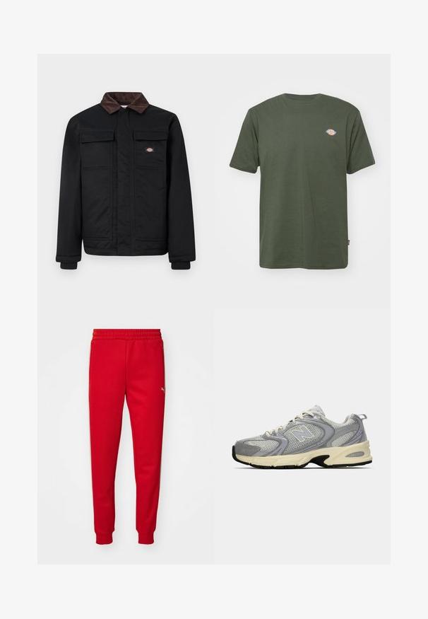 Zwarte werkjas met een bruine corduroy kraag, twee borstzakken met klep en een voorkant met een rits die is verborgen door een overslag, met een klein merkembleem op de borst.; Olijfgroen katoenen T-shirt met een ronde hals, korte mouwen en een klein gekleurd logo op de borst. Glad textuur, casual ontwerp.; Rode sweatpants gemaakt van zachte stof met een elastische tailleband, taps toelopende benen en gouden logo-detail aan de linkerkant. Gladde textuur.; Grijze mesh sportshoe met een crème buitenzool, voorzien van een gevoerde kraag, witte veters en een subtiele logo aan de zijkant. Aangevuld met lichtpaars.