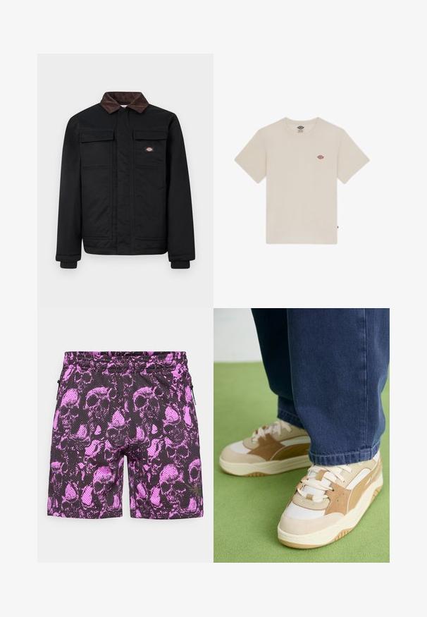 Giacca da lavoro nera con colletto in corduroy marrone, due tasche sul petto con pattina e una cerniera frontale nascosta da una patta, con un piccolo logo del marchio sul petto.; T-shirt in cotone color crema con maniche corte, scollatura rotonda e un piccolo logo ricamato multicolore sul petto.; Pantaloni neri con un motivo a teschio rosa, realizzati in un tessuto a rete testurizzato. Comprendono tasche laterali con zip e una vita elasticizzata.; Sneaker beige e bianco con parte superiore testurizzata, dettagli in suede, suola spessa e chiusura con lacci. Indossato con pantaloni in denim blu.