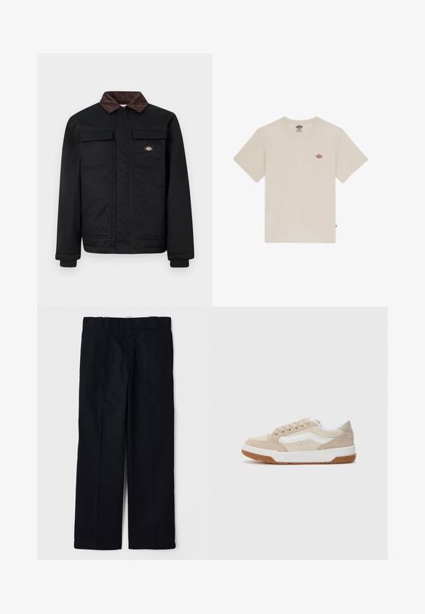 Crna radna jakna s ovratnikom od smešnog kožnog materijala, dva džepa s poklopcem na grudima i prednjim zatvaračem skrivenim ispod preklopa, s malim brend logotipom na grudima.; Krem-žuti pamučni majica s kratkim rukavima, okruglim izrezom i malim višebojnim izvezenim logotipom na prsima.; Crne hlače od glatkog materijala, s dizajnom ravnih nogavica, bočnim džepovima i klasičnim pojasom s petljama za remen.; Bež antilop tenisice s bijelim akcentima, okrugli vrh, teksturirana gumena potplat i niskoprofilni dizajn. Šavovi uzduž stranica i vezica.