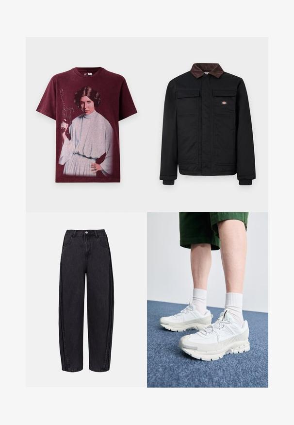 Black work jacket with brown corduroy collar, two chest flap pockets, and a front zipper concealed by a placket, with a small brand logo on the chest.; Burgundy cotton t-shirt featuring a graphic print of a character in a grey dress, with a blaster in hand and hair styled in buns.; Black wide-leg jeans made of denim with a smooth texture. Features a high waist, front pockets, and button closure at the waistband.; White athletic shoes with textured overlays, a chunky sole, and gray accents. Worn with white crew socks and green shorts on a blue surface.