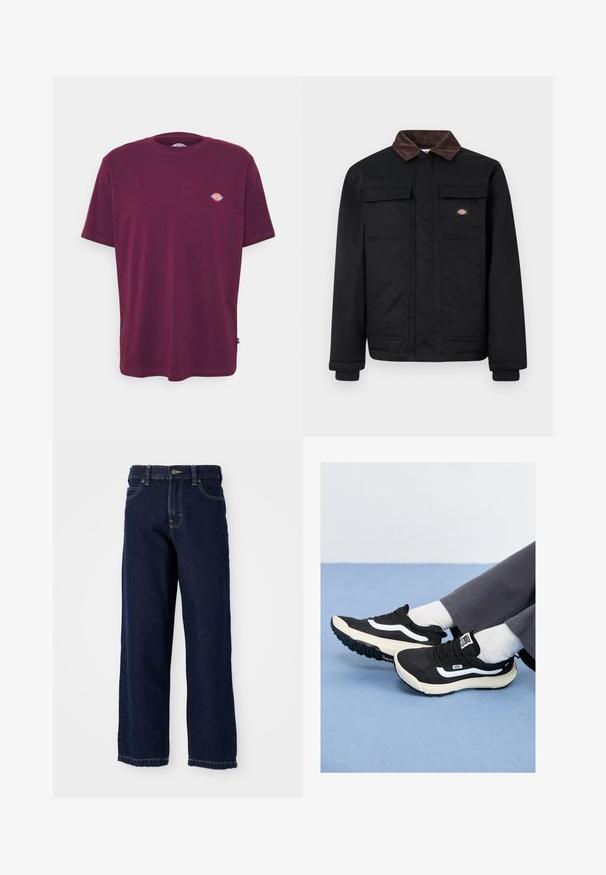 Melna darba jaka ar brūnu korduroja apkakli, divām krūtīm paredzētām kabatām ar vāciņiem un priekšējo rāvējslēdzēju, kas slēpts ar klājumu, ar nelielu zīmola logo uz krūtīm.; Bordo kokvilnas T-krekls ar apaļu kaklu, īsām piedurknēm un mazu daudzkrāsainu logotipu uz krūtīm. Gluda tekstūra, standarta piegriezums.; Tumši zili platā kāju džinsi, izgatavoti no džinsa auduma, ar taisnu piegriezumu, piecu kabatu dizainu un apdares šuvēm gar apakšmalu.; Melnas sporta kurpes ar baltām akcentiem, izgatavotas no sieta un gumijas materiāliem, ar teksturētu zoli un papēžsaiti. Valkātas kopā ar baltām zeķēm un pelēkiem biksēm.