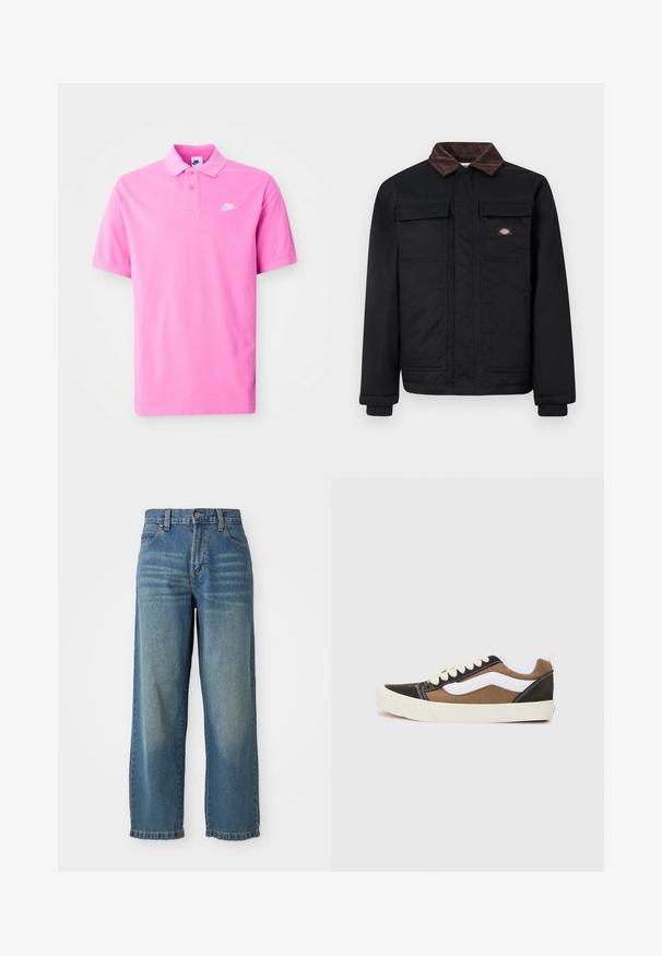 Čierna pracovná bunda s hnedým zamatovým golierom, dvoma náprsními vreckami so záflatami a predným zipsom skrytým pod légou, so malým logom značky na hrudi.; Ružová polo tričko Nike, krátke rukávy, klasický golier, s dvojitým zapínaním, s bielym logom na ľavej hrudi. Mäkká textúra látky.; Svetlo modré denimové nohavice s širokými nohavicami a vysokým pásom, s piatimi vreckami a mierne vyblednutým povrchom. Obsahujú zapínanie na gombík a zips.; Čierne a hnedé tenisky s bielymi akcentmi, z plátna, nízkoprofilový dizajn, okrúhla špička a béžová gumená podrážka. Obsahujú kontrastné šitie.