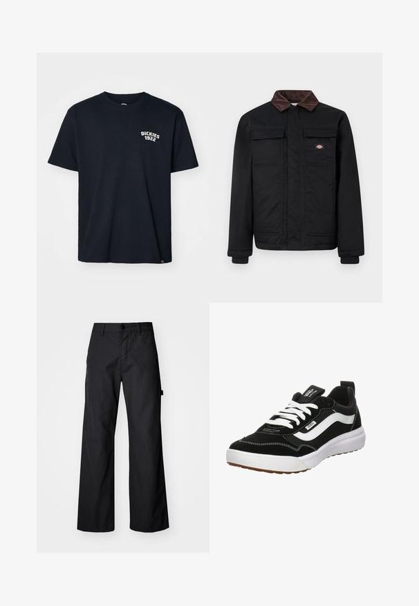 Chaqueta de trabajo negra con cuello de pana marrón, dos bolsillos de solapa en el pecho y un cierre frontal oculto por una tapeta, con un pequeño logo de la marca en el pecho.; Camiseta de algodón azul marino con cuello redondo, mangas cortas y un logo blanco que dice "DICKIES 1922" en el lado izquierdo del pecho.; Pantalones anchos, negros, fabricados con un tejido durable. Cierre de botón y bolsillos laterales. Textura suave con un diseño limpio.; Vans Zapatillas - schwarz