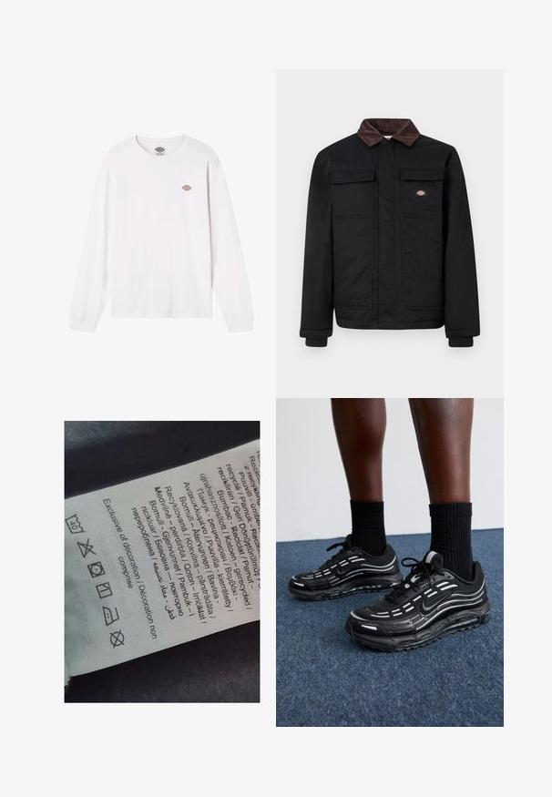 Black work jacket with brown corduroy collar, two chest flap pockets, and a front zipper concealed by a placket, with a small brand logo on the chest.; White long-sleeve t-shirt made of cotton. Features a small round multicolored logo on the chest. Simple design with ribbed cuffs.; Label tag with multi-language text, care symbols, and recycling icons, printed on a soft fabric-like material in light color.; Black Nike shoes feature a mesh upper with accent stripes, textured lacing, and a black rubber sole. Worn with black ribbed socks.