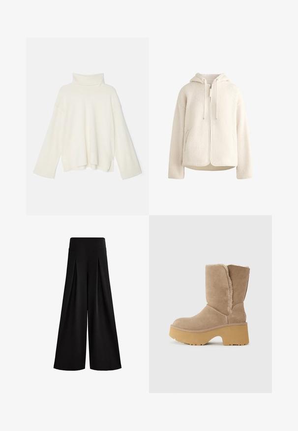 Weiße Fleece-Zip-Hoodie mit verstellbarem Kapuzenzug, seitlichen Taschen und strukturiertem Stoff. Besitzt einen lockeren Schnitt und glatte Fütterung.; Helle Creme Rollkragenpullover, oversized Schnitt, gerippte Textur, überschnittene Schultern und weite Ärmel, aus einem weichen Strickstoff gefertigt.; Schwarze, weit geschnittene Hose aus weichem Stoff, mit hohem Taillenbund und Falten für zusätzlichen Volumen. Glatte, untexturierte Oberfläche.; Beige Wildlederstiefel bis zur Mitte der Wade mit einer dicken gelben Plateausohle, ausgestattet mit einem weichen, strukturierten Futter und einem runden Zehendesign. Schlichte äußere Oberfläche.