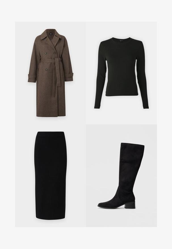 Bruine herringbone-gepatenteerde jas met een dubbelzijdig ontwerp, grote kraag, ceintuurlijn en manchetten. Gelaagd wol-mix materiaal.; Zwarte blouse met lange mouwen, gemaakt van een gladde stof, met een ronde halslijn en een getailleerde pasvorm, zonder zichtbare patronen of accenten.; Zwarte gebreide midi-jurk met een aansluitende silhouet, voorzien van een brede elastische tailleband en een gladde textuur, zonder waarneembare patronen of accenten.; Zwarte kniehoge laarzen van een suede-achtige stof, met een spitse neus en een blokhak. Naaddetails aan de zijkant accentueren de vorm.
