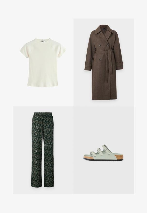 Brauner Mantel mit Fischgrätmuster, doppelt geknöpftem Design, großem Kragen, tailliertem Gürtel und geknöpften Ärmeln. Texturiertes Wollgemisch.; Weißes geripptes T-Shirt mit kurzen Ärmeln, rundem Halsausschnitt und Raglanärmeln. Strukturiertes Material mit normaler Passform. Logosticker hinten am Hals.; Weite Hosen aus dunkelgrünem Stoff mit einem komplizierten, mehrfarbigen Muster. Mit einem elastischen Bund für hohen Tragekomfort.; Hellgrüne Sandalen mit drei verstellbaren Riemen, aus Wildleder, Korksohle und einer strukturierten schwarzen Gummisohle. Lässiges Design und offenes Zehenfeld.