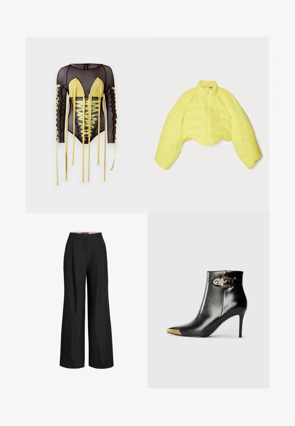 Geel cropped pufferjack met een hoge kraag, voorzien van een ritssluiting en een textuur met kleine zilveren stippen over de stof.; Zwarte gaas bodysuit met lange mouwen, voorzien van gele accenten, een diepe V-hals en veterdetails met lange strikjes aan de zijkanten.; Zwarte wijde broek met een tailored design, met plooien en een gladde stoftextuur. Strakke lijnen en geen zichtbare hardware of accenten.; Zwarte leren enkellaars met een puntige neuzen en een stilettohak. Bevat een gouden afgebiesde neuskap en een detail met een zijgesp.
