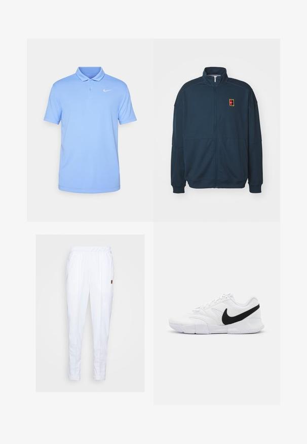 Marineblauwe ritsjack gemaakt van zachte stof. Heeft een hoge kraag, geribbelde manchetten en een geborduurd logo in een rechthoekig patch.; Nike Performance NIKECOURT SOLID - Poloshirt - royal pulse/white; Witte sportbroek met een elastische tailleband, voorzien van zijzakken en subtiele stikseldetails langs de benen.; Witte sportieve schoenen met een gestructureerde bovenkant, zwarte Nike swoosh, gewatteerde kraag en een solide rubberen buitenzool met een gepatternde profiel.