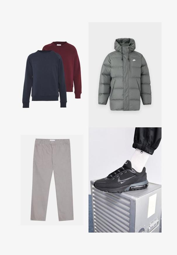 Grijze pufferjas met een capuchon, ritssluiting en verstelbare trekkoorden. Bevat grote gewatteerde secties en een zijzak met logo.; Twee crew neck sweatshirts, één marineblauw en één bordeauxrood, met ribgebreide boorden en zoom, in een effen kleur en zachte textuur.; Lichtgrijze katoenen broek met een elastische tailleband, twee zijzakken, een recht poten ontwerp en een zachte textuur. Eenvoudige stiksel.details.; Nike Sportswear PULSE - Sneakers laag - black/anthracite