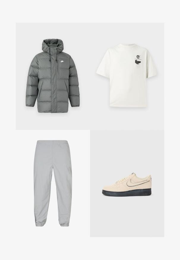 Gray puffer jacket with a hood, zip closure, and adjustable drawstrings. Features large padded sections and a side pocket with logo.; White cotton t-shirt with short sleeves. Features a black graphic of a tree and boots on the left chest. Simple, relaxed fit design.; Light gray jogger pants made of lightweight fabric. Elastic waistband and cuffed hems with zipper accents at the ankles. Smooth texture.; Beige suede Nike Air Force 1 sneaker with a black rubber sole, stitched accents, perforated toe, and a prominent swoosh logo.