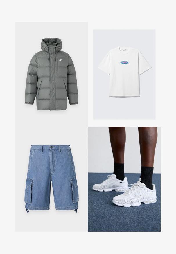 Pilkas pūkuotas švarkas su gobtuvu, užtrauktuko uždarymo ir reguliuojamomis raištelėmis. Yra didelės paminkštintos dalys ir šoninė kišenė su logotipu.; Balta medvilninė marškinė su dideliu kirpimu, priekyje su spalvinga grafika rožinės ir mėlynos spalvų. Apvalus iškirpimas, trumpomis rankovėmis.; Mėlynos džinsinės cargo šortai su mygtukų uždarymu, dviem priekiniams kišenėms ir dviem didelėms šoninėms kišenėms su atvartais. Apatinėje dalyje yra reguliuojamos raišteliai.; Baltos sportiniai bateliai su tinkline viršutine dalimi, tekstūruotais akcentais ir paminkštintu padu. Puikiai derančios su juodomis klasikinių kojinių iki kulkšnies ant mėlynos kiliminės dangos.