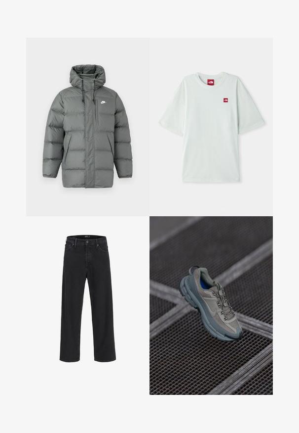 Szürke puffernadrág kapucnival, cipzárral és állítható húzózsinórokkal. Nagy párnázott részekkel és oldalsó zsebbel rendelkezik, amelyen a logó található.; Világoszöld, rövid ujjú póló, puha pamutból készült, bal mellkasán egy kis piros logó címkével. Laza szabású és kerek nyakkivágású.; Fekete egyenes szárú farmernadrág gombos és cipzáras záródással, övhurkokkal, valamint elülső és hátsó zsebekkel.; Beige és szürke sportcipő, texturált hálós felsőrésszel, kerek orral és gumitalppal, fűzőkkel és párnázott bokával.