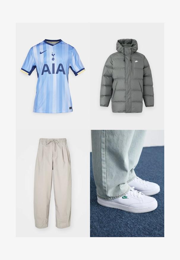 Grijze pufferjas met een capuchon, ritssluiting en verstelbare trekkoorden. Bevat grote gewatteerde secties en een zijzak met logo.; Lichtblauw voetbalshirt van soepel materiaal, met verticale strepen, een marineblauwe kraag en "AIA" in vette marineblauwe letters.; Beige, lichte broek met een elastische tailleband en trekkoord. Beschikt over plooien en een losse pasvorm, gemaakt van een zachte, gladde stof.; Witte leren sneakers met groen Nike-logo, ronde neus, platte zool, gedragen met lichtblauwe denim broek, weergegeven op een blauwe vloerkleed.