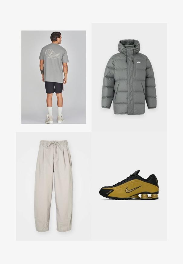 Siva pufi jakna s kapuco, zadrgo in nastavljivimi vrvicami. Ima velike oblazinjene dele in stranski žep z logotipom.; Siva bombažna majica s velikim kremnim logotipom na hrbtu, v kombinaciji s črnimi kratkimi hlačami. Model nosi bele nogavice in bež superge.; Bež hlače iz lahkega materiala z elastičnim pasom in vrvico. Imajo gube in ohlapen kroj, izdelane so iz mehkega, gladkega blaga.; Črne in zlate Nike Shox tenisice z vidnim pomladnim oblazinjenjem v peti, črnimi vezalkami in Nikejevim logotipom na strani.