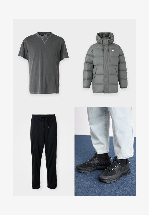 Pelēks pūkains jaka ar kapuci, ar rāvējslēdzēju un regulējamām auklām. Iezīmējas ar lielām pildītām daļām un sānu kabatu ar logotipu.; Pelēks kokvilnas T-krekls ar apaļu kakla izgriezumu, īsām piedurknēm un teksturētu kakla izgriezumu. Iekļauj nelielu logotipu uz krūtīm un sānu apdari.; Melnas bikses ar aukliņu jostas vietā, ar sānu kabatām un taisnu kāju griezumu uz vienkrāsaina fona.; Melni sporta apavi ar strukturētu audumu un gumijas zoli, ar elastīgām auklām un zilu akcentu uz papēža. Nēsāti ar gaišām džinsu biksēm.