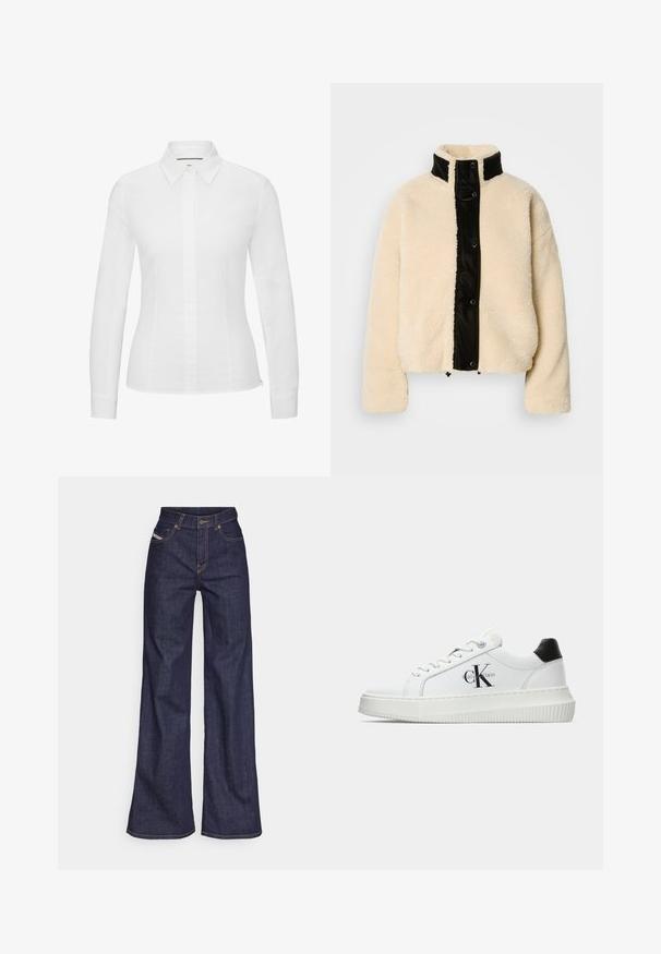 Jachetă din fleece de culoare crem, cu panou frontal lucios negru, guler înalt și nasturi cu capsenă; prezintă o textură moale și un design scurt.; Cămașă albă cu mâneci lungi, fabricată din bumbac fin, având un guler clasic în formă de vârf, închidere frontală cu nasturi și o croială ajustată cu slituri laterale.; Blugi taille mare, de culoare albastru închis, din material denim, cu croială largă, cu cusături portocalii, design cu cinci buzunare și închidere cu nasture.; Adidași albi cu glezna joasă, cu tab-ul de călcâi negru, talpă platformă, șireturi și logo-ul "CK" de la Calvin Klein pe lateral.