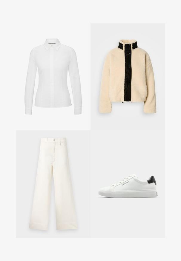 Cremfarbener Fleece-Jacke mit einem glänzenden schwarzen Vorderteil, hohen Kragen und Druckknöpfen; zeichnet sich durch eine weiche Textur und einen verkürzten Schnitt aus.; Weißes Langarmhemd aus glattem Baumwollstoff, mit klassischem spitzem Kragen, Knopfverschluss vorne und taillierter Passform mit seitlichen Schlitzen.; Weite Hosen aus hellem beigen Baumwollstoff. Mit hoher Taille, vorderen Taschen und geradem Schnitt. Saubere Saumverarbeitung ohne Muster.; Weißer Sneaker mit glatter Oberfläche, schwarzem Absatz und Schnürdesign. Mit "Calvin Klein"-Branding an der Seite. Minimalistischer Stil.