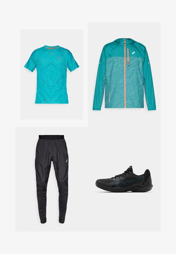 Chaqueta cortavientos verde azulado con capucha, que presenta un patrón texturizado, un cierre naranja y detalles reflectantes en las mangas.; Camiseta deportiva turquesa de manga corta, con un diseño de malla texturizada y transpirable, y detalles reflectantes en el pecho.; Pantalones deportivos negros con una cinturilla elástica, bolsillos laterales y paneles de textura contrastante en las piernas. Logo de Asics en la cadera.; ASICS SOLUTION SPEED FF 3 CLAY - Zapatillas de tenis para tierra batida - black/prism blue