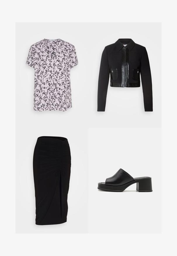 Morgan VARIN - Vasaras jaka - noir; Esprit V NECK - Apdrukāts T-krekls - lavender; Melna, ručām veidota zīda svārku ar saišu detaļu un sānu izgriezumu. Izgatavota no elastīga auduma, ar gludu tekstūru un pieguļošu dizainu.; Melnas ādas platformas mules ar noapaļotu atvērtu purngalu, zemu bloku papēdi un gludu tekstūru. Minimalistisks dizains ar plūstošām līnijām.