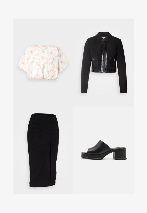 Morgan VARIN - Leichte Jacke - noir; Blumenbluse mit weißem Hintergrund, die pastellrosa und graue Blumenmuster zeigt, mit Puffärmeln und einem gerafften Saum. Schlüsselverschluss im Rücken.; Zwei Baumwoll-Crop-Tops in Weiß und Schwarz. Jedes hat einen tiefen Ausschnitt und dünne Träger und verfügt über eine glatte, weiche Textur.; Schwarzer, geraffter Bleistiftrock mit Bindegürtel und seitlichem Schlitz. Hergestellt aus einem dehnbaren Stoff, mit glatter Textur und figurschmeichelndem Design.; Schwarze Leder Plattform-Mules mit abgerundeter offener Zehe, niedrigem Blockabsatz und glatter Textur. Minimalistisches Design mit eleganten Linien.