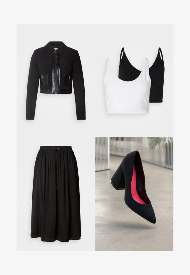 Morgan VARIN - Lichte jas - noir; Twee katoenen crop tops in wit en zwart. Elke top heeft een diepe halslijn en dunne schouderbandjes, met een gladde, zachte textuur.; Zwarte kanten top met een off-the-shoulder halslijn, lange klokmouwen en gekartelde randen. Geweven bloemenpatroon overal.; Anna Field Curvy Maxirok - black; Zwarte hoge hak met een spitse neus, textuur op het oppervlak en een opvallend roze interieur. Beschikt over een chunky hak met zilveren accent.