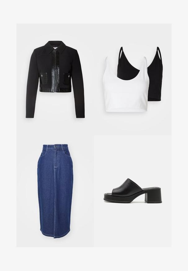 Morgan VARIN - Casaco de verão - noir; Dois tops de algodão em branco e preto. Cada um tem um decote profundo e alças finas, apresentando uma textura suave e macia.; Saia de ganga azul escura com cintura alta, forma reta, bolsos frontais e uma costura central. Barra acabada com detalhes mínimos.; Sabots pretos de couro com plataforma, com bico aberto arredondado, salto baixo e textura suave. Design minimalista com linhas elegantes.
