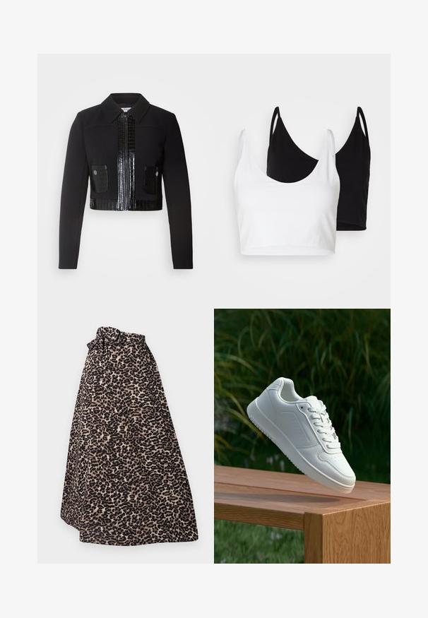 Morgan VARIN - Sommerjakke - noir; To bomulls t-skjorter i hvit og svart. Hver har en dyp utringning og tynne skulderstropper, med en glatt og myk tekstur.; Maxikjørt med leopardmønster i brun og svart, laget av myk tekstil, med knytting i midjen og plisserte detaljer for en flytende silhuett.; Hvite sneakers med en glatt syntetisk overdel, perforert tåboks, flate snørebånd og en teksturert såle, vist på en treflate.