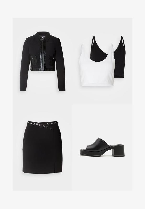 Morgan VARIN - Giacca leggera - noir; Due top in cotone, uno bianco e uno nero. Ognuno ha un profondo scollo e spalline sottili, con una texture liscia e morbida.; Morgan JILLY - Gonna a portafoglio - noir; Mule in pelle nera con platfrom, punta aperta arrotondata, tacco basso a blocco e texture liscia. Design minimalista con linee eleganti.