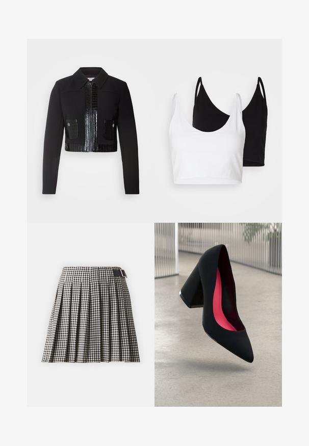 Morgan VARIN - Nyári dzseki - noir; Két pamut crop top fehér és fekete színben. Mindkettő mély nyakkivágással és vékony vállpántokkal rendelkezik, sima, puha textúrával.; Fekete-fehér kockás plisszírozott szoknya lapos derékkal, fekete övvel, ezüstcsattal. Könnyű anyagból készült.; Fekete magassarkú cipő hegyes orral, textúrált felülettel és élénk rózsaszín béléssel. Vastag sarokkal rendelkezik, ezüst kiegészítővel.