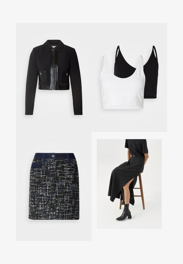 Morgan VARIN - Summer jacket - noir; Two cotton crop tops in white and black. Each has a deep neckline and thin shoulder straps, featuring a smooth, soft texture.; Woven skirt in black with blue and white speckles. Features a dark waistband, front pockets, and a straight cut. Textured fabric.; Black linen maxi skirt with a high slit, worn with a black t-shirt and black ankle boots. Minimalistic design with a relaxed fit.