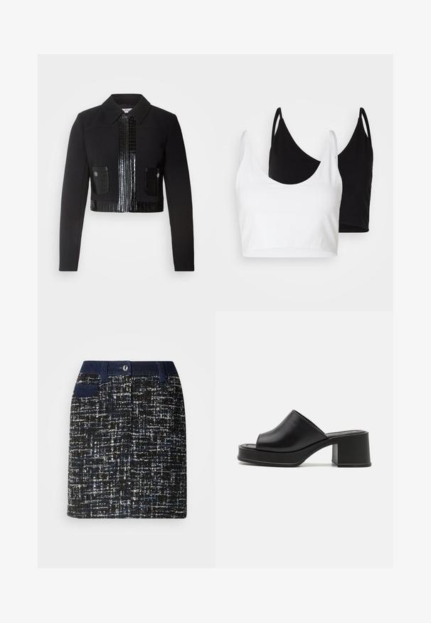Morgan VARIN - Veste légère - noir; Deux tops courts en coton, l'un blanc et l'autre noir. Chacun a un décolleté plongeant et des fines bretelles, offrant une texture lisse et douce.; Jupe tissée noire avec des taches bleues et blanches. Elle présente une taille sombre, des poches avant et une coupe droite. Tissu texturé.; Mules à plateforme en cuir noir avec un bout ouvert rond, un petit talon carré et une texture lisse. Design minimaliste avec des lignes épurées.