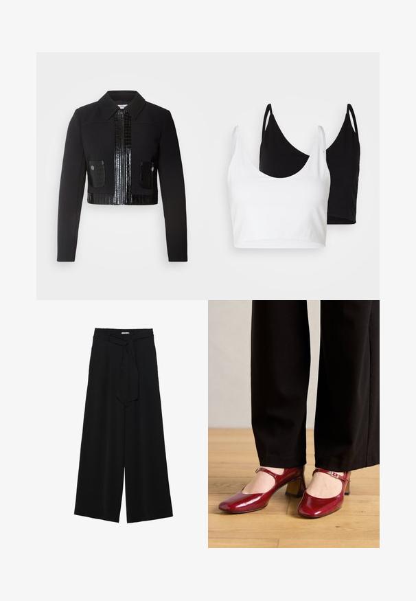 Morgan VARIN - Poletna jakna - noir; Dva bombažna crop topa v beli in črni barvi. Vsak ima globok izrez in tanke naramnice, ter se ponaša z gladko, mehko teksturo.; Črne široke hlače iz teksturirane tkanine, z elastičnim pasom in odstranljivim trakom na pasu za prilagodljivo prileganje.; Rde paten usnjene Mary Jane pete s kvadratnim prstom, trakovi čez zgornji del stopala in nizko blok peta. Oblečeno z črnimi hlačami.