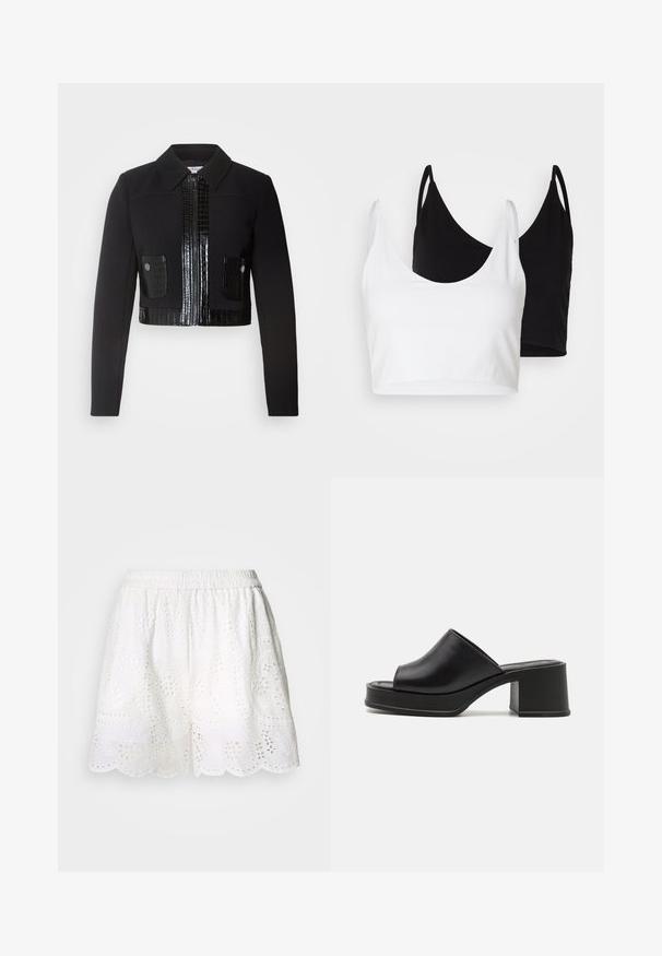 Morgan VARIN - Lichte jas - noir; Twee katoenen crop tops in wit en zwart. Elke top heeft een diepe halslijn en dunne schouderbandjes, met een gladde, zachte textuur.; Cras Shorts - white; Zwarte leren platform mules met een afgeronde open teen, lage blokhak en een gladde textuur. Minimalistisch ontwerp met strakke lijnen.