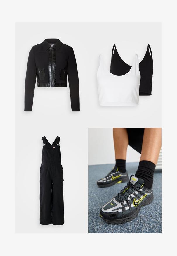 Morgan VARIN - Skraistė - noir; Du dujų medvilnės marškinėliai balti ir juodi. Kiekvienas turi giliai iškirptą iškirptę ir plonas petnešas, pasižyminčius lygiu, švelniu tekstūru.; Juodos džinsinės kafboses su plačiomis kojomis, reguliuojamomis petnešomis, priekyje kišene ir sidabriniais akcentais. Lygus paviršius, minimalistinis dizainas.; Juodos ir pilkos sportinės bateliai su atspindinčiais sidabriniais akcentais, tekstūruotais akių paneliais ir ryškiai geltonais detalėmis. Daili suvarstymo konstrukcija su tvirtu padu.