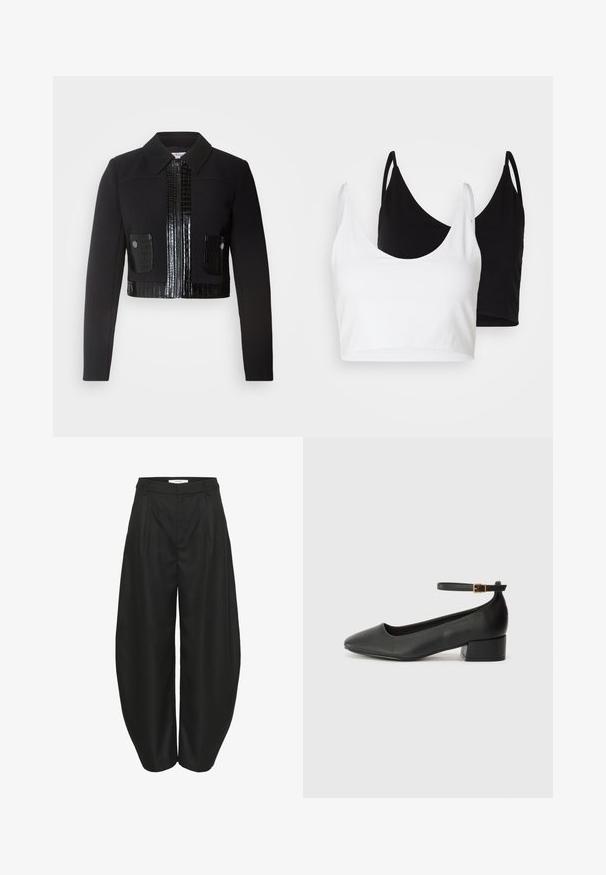 Morgan VARIN - Summer jacket - noir; Two cotton crop tops in white and black. Each has a deep neckline and thin shoulder straps, featuring a smooth, soft texture.; Black high-waist wide-leg pants with pleats, belt loops, and a concealed front closure, designed by Gestuz.; Black leather pump with a pointed toe and a low block heel. Features an ankle strap with a gold-tone buckle. Smooth texture.
