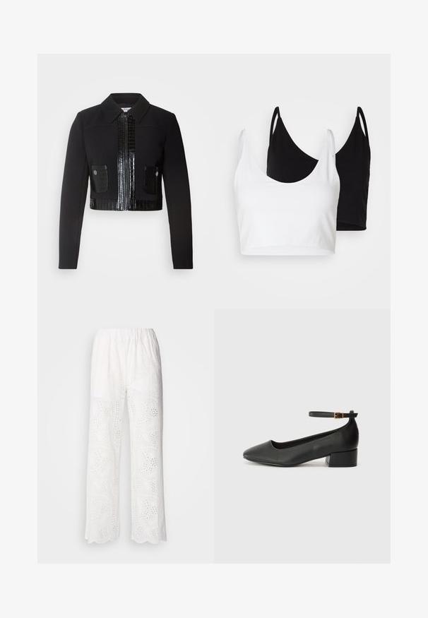 Morgan VARIN - Leichte Jacke - noir; Zwei Baumwoll-Crop-Tops in Weiß und Schwarz. Jedes hat einen tiefen Ausschnitt und dünne Träger und verfügt über eine glatte, weiche Textur.; Weiße Baumwollhosen mit einem gewellten Saum, die mit Durchbruchmustern versehen sind und einen lässigen Schnitt haben. Sie sind mit einem elastischen Bund für zusätzlichen Komfort gestaltet.; Schwarze Lederpumps mit spitzem Zehenbereich und niedrigem Blockabsatz. Mit einem Knöchelriemen und einer goldfarbenen Schnalle. Glatte Textur.