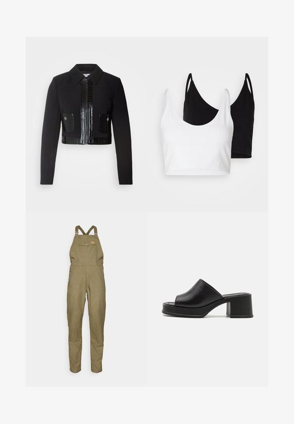 Morgan VARIN - Poletna jakna - noir; Dva bombažna crop topa v beli in črni barvi. Vsak ima globok izrez in tanke naramnice, ter se ponaša z gladko, mehko teksturo.; Fjällräven VARDAG DUNGAREE TROUSERS W - Hlače za na prostem - green; Črne usnjene platforme mule z zaobljenim odprtim prstom, nizkim blokastim petkom in gladko teksturo. Minimalističen dizajn s čistimi linijami.