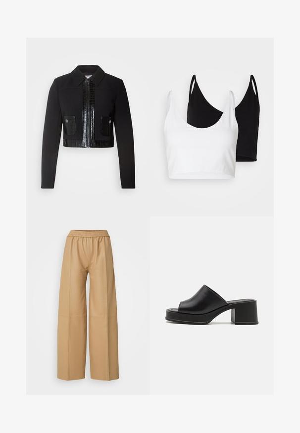Morgan VARIN - Leichte Jacke - noir; Zwei Baumwoll-Crop-Tops in Weiß und Schwarz. Jedes hat einen tiefen Ausschnitt und dünne Träger und verfügt über eine glatte, weiche Textur.; Beige Kunstleder-Hosen mit weitem Bein, einem elastischen Bund und vertikalen Nahtdetails, die eine glatte, matte Textur aufweisen.; Schwarze Leder Plattform-Mules mit abgerundeter offener Zehe, niedrigem Blockabsatz und glatter Textur. Minimalistisches Design mit eleganten Linien.