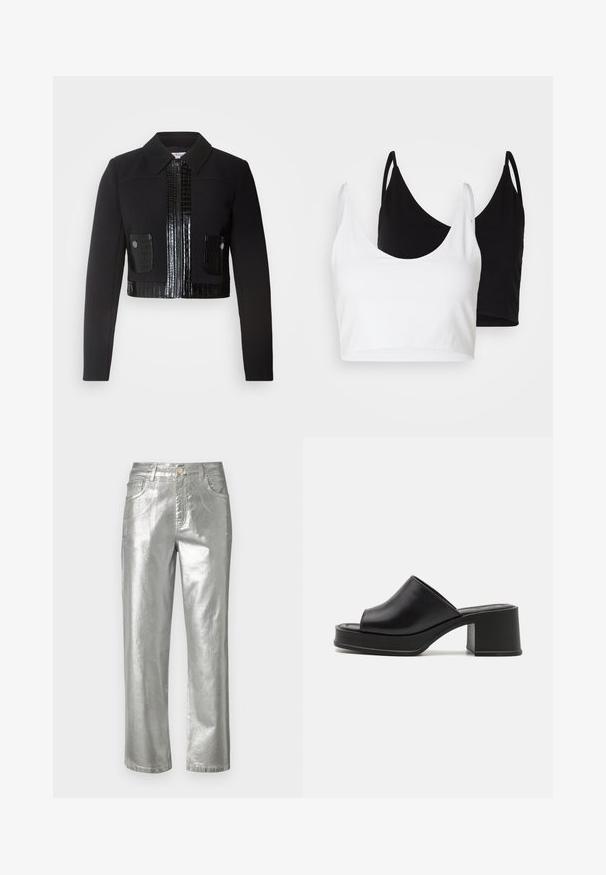 Morgan VARIN - Veste légère - noir; Deux tops courts en coton, l'un blanc et l'autre noir. Chacun a un décolleté plongeant et des fines bretelles, offrant une texture lisse et douce.; Jeans en métal argenté avec une jambe droite, design à cinq poches, fermeture éclair et bouton. Texture lisse avec une finition brillante.; Mules à plateforme en cuir noir avec un bout ouvert rond, un petit talon carré et une texture lisse. Design minimaliste avec des lignes épurées.