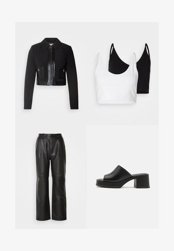 Morgan VARIN - Letná bunda - noir; Dve bavlnené crop tops v bielej a čiernej farbe. Každý má hlboký výstrih a tenké ramienka, s hladkou, jemnou textúrou.; Čierne kožené nohavice so širokými nohavicami a hladkou štruktúrou, s vysokým pásom, prednými záhybmi a viditeľnými švami. Bez vreciek alebo ozdôb.; Čierne kožené platformové mule s okrúhlym otvoreným prstom, nízkym blokovým podpätkom a hladkým povrchom. Minimalistický dizajn s elegantnými líniami.