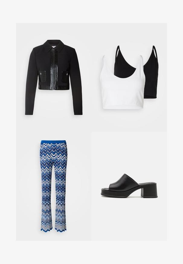 Morgan VARIN - Lehká bunda - noir; Dvě bavlněné crop topy v bílé a černé barvě. Každý má hluboký výstřih a tenké ramínka, s hladkou, měkkou texturou.; Modré a bílé kalhoty s vykrojeným střihem a zigzagovým vzorem vyrobené z jemné, lehké tkaniny s kontrastním modrým elastickým pasem.; Černé kožené platformové muly s kulatou otevřenou špičkou, nízkým blokovým podpatkem a hladkým povrchem. Minimalistický design s elegantními liniemi.