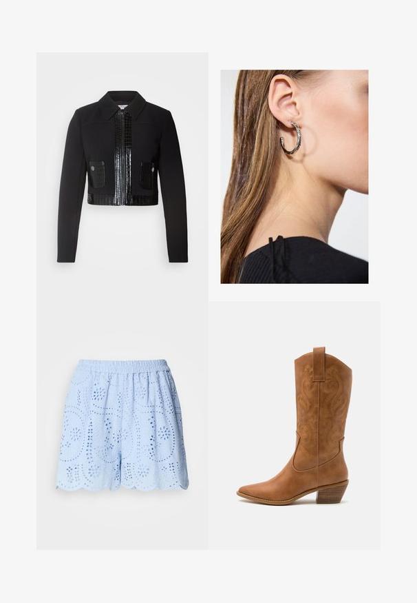 Morgan VARIN - Summer jacket - noir; Two cotton crop tops in white and black. Each has a deep neckline and thin shoulder straps, featuring a smooth, soft texture.; Light blue, cotton shorts with embroidered cut-out patterns, elastic waistband, and scalloped hem. Features floral and leaf designs.; Tan leather cowboy boot with pointed toe, embroidered swirl patterns on shaft, and a stacked block heel. Features a pull tab for easy wear.; Silver hoop earring with a polished finish, featuring small gold accent details and a round shape, worn on the lobe.