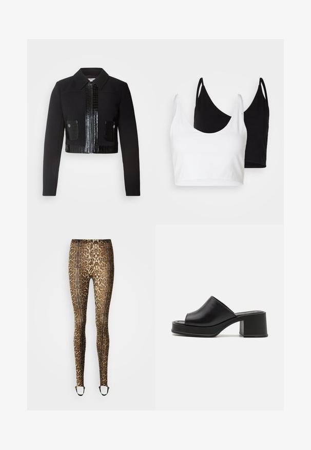 Morgan VARIN - Nyári dzseki - noir; Két pamut crop top fehér és fekete színben. Mindkettő mély nyakkivágással és vékony vállpántokkal rendelkezik, sima, puha textúrával.; Leopárdmintás leggings bézs és barna színben, testhezálló kialakítással, rugalmas derékkal és bokapántokkal a biztos illeszkedésért. Simogató, sima textúra.; Fekete bőr platform papucs lekerekített nyitott orral, alacsony blokk sarokkal és sima textúrával. Minimalista dizájn, letisztult vonalakkal.