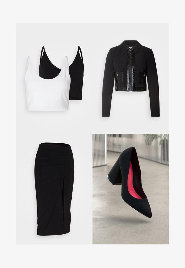 Morgan VARIN - Tunn jacka - noir; Två bomullstopp i vitt och svart. Varje topp har en djup krage och tunna axelband, med en slät och mjuk textur.; Svart, rynkad pennkjol med knytning och en sidoslits. Tillverkad av ett elastiskt tyg, med en jämn yta och figurnära design.; Svart högklackad sko med spetsig tå, texturerad yta och en livlig rosa inredning. Har en kraftig klack med silverdetaljer.