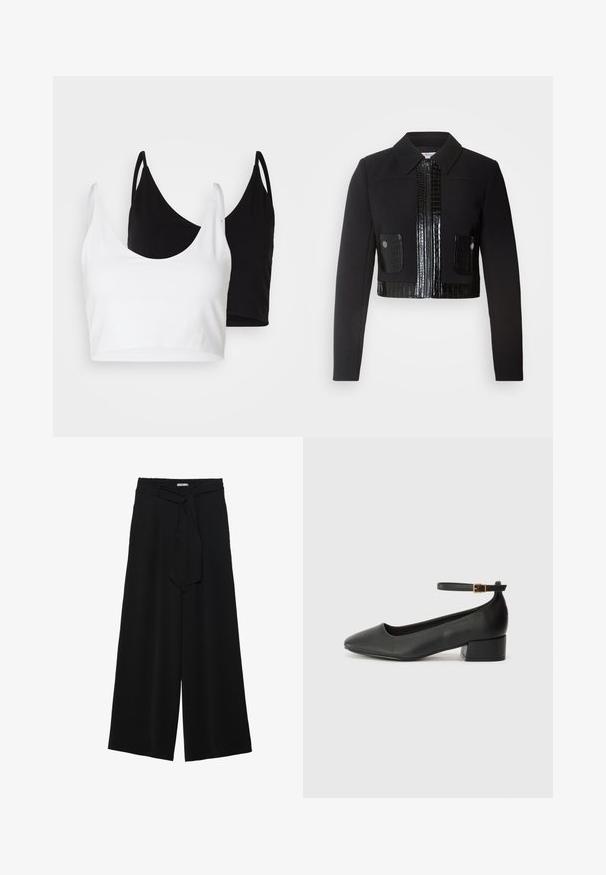Morgan VARIN - Nyári dzseki - noir; Két pamut crop top fehér és fekete színben. Mindkettő mély nyakkivágással és vékony vállpántokkal rendelkezik, sima, puha textúrával.; Fekete, bő szárú nadrág, texturált anyagból, rugalmas derékpánttal és levehető sállal a derekán, amely állítható illeszkedést biztosít.; Fekete bőr magassarkú cipő hegyes orral és alacsony tömb sarkal. Bokapánttal rendelkezik, aranyszínű csattal. Simább textúra.