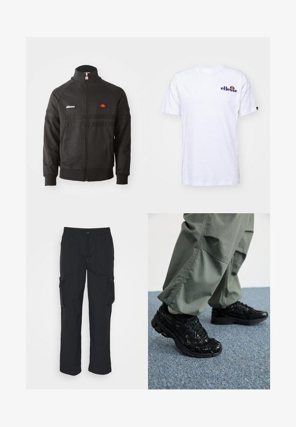 Czarna sportowa kurtka z zamkiem błyskawicznym, z wysokim kołnierzem, ściągaczami na mankietach oraz małymi naszywkami logo ellesse na klatce piersiowej i suwaku.; Biała bawełniana koszulka z krótkim rękawem, z granatowym haftowanym logo po lewej stronie klatki piersiowej oraz żywym akcentem kolorystycznym nad logo.; Czarne spodnie cargo wykonane z tkaniny tkanej. Posiadają regulowany pas, boczne kieszenie oraz dwie kieszenie robocze z zamkami błyskawicznymi.; Czarne sportowe sneakersy z błyszczącą i siateczkową teksturą, z grubą podeszwą i sznurowadłami, w połączeniu z luźnymi oliwkowymi spodniami cargo.