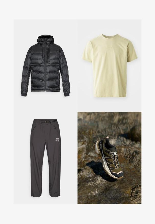 Zwarte pufferjack met een capuchon, voorzien van een ritssluiting aan de voorkant, twee borstzakken en elastische manchetten. Het materiaal is glanzend met een doorgestikt ontwerp.; Salomon TRACKLINE TEE - Sport T-shirt - gray green; Zwarte outdoorbroek van lichtgewicht materiaal, voorzien van een riem, meerdere zakken en een logo. Rechte pijpen met elastische tailleband.; Wandelshoe in olijfgroen en zwart met roze accenten. Beschikt over een gestructureerd bovenwerk, flexibele zool, versterkte neuzen, en een kleurrijk vetersysteem.