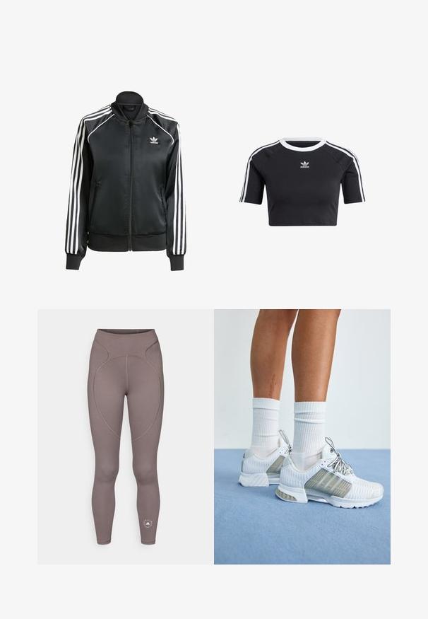 Černá saténová bomber bunda s bílými pruhy na rukávech, zipovým zapínáním, žebrovaným límcem a manžetami a malým logem na hrudi.; Černé zkrácené tričko vyrobené z bavlny, s bílým žebrovaným kulatým výstřihem, krátkými raglánovými rukávy a bílými bočními pruhy se malým logem.; adidas by Stella McCartney Punčochy - charcoal; Bílé sportovní boty s vrchní částí z prodyšné síťoviny, s texturovanými detaily a šedými akcenty. Šněrování je stříbrné, doplněné bílými žebrovanými ponožkami.
