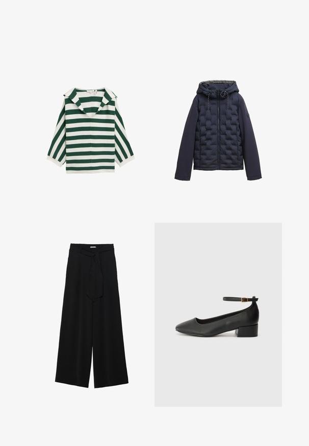Marineblauwe gewatteerde jas met een gequilt voorkant, effen lange mouwen, capuchon met trekkoorden en een ritssluiting aan de voorkant.; Groen en wit gestreepte top met een brede kraag, V-hals en driekwartmouwen. Gemaakt van een lichtgewicht stof met een gladde textuur.; Zwarte wijde broek van textuurstof, met een elastische tailleband en een afneembare sjaalstrik in de taille voor een verstelbare pasvorm.; Zwarte leren pump met een spitse neus en een lage blokhak. Beschikt over een enkelband met een goudkleurige gespsluiting. Gladde textuur.